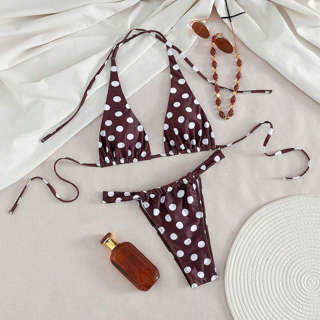 Women's Sexy Blue & Brown Polka Dot Bikini Set, Suitable For Beach,