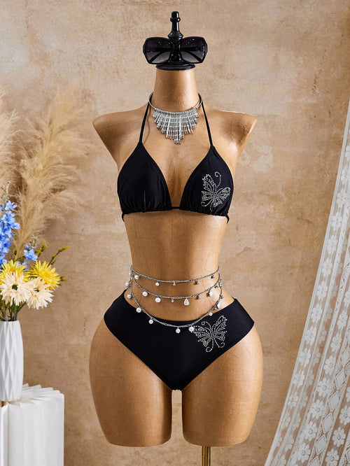 Bellisia Summer Black YK2 Y2k Cute Cute Millennium Retro Shiny Butterfly Rhinestone Cute Sweet Beach Beach