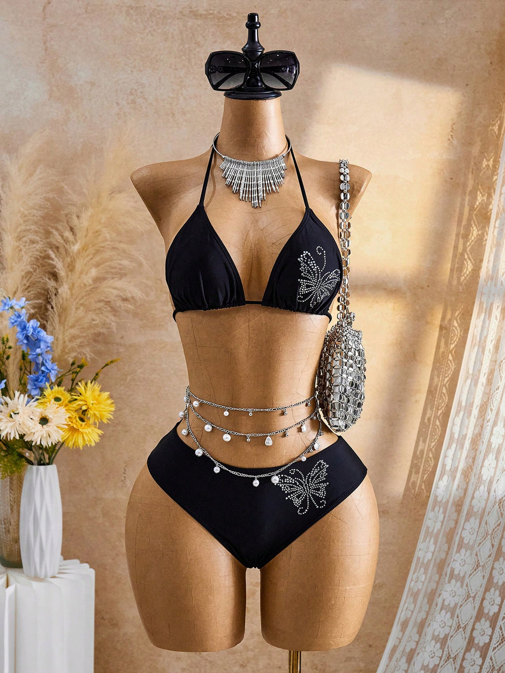 Bellisia Summer Black YK2 Y2k Cute Cute Millennium Retro Shiny Butterfly Rhinestone Cute Sweet Beach Beach - image 4