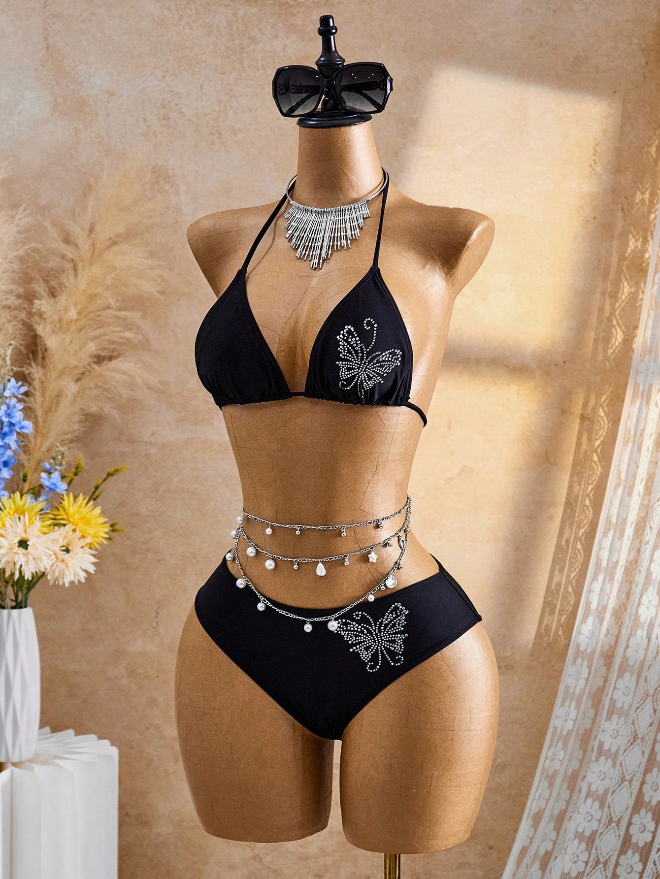 Bellisia Summer Black YK2 Y2k Cute Cute Millennium Retro Shiny Butterfly Rhinestone Cute Sweet Beach Beach - image 5
