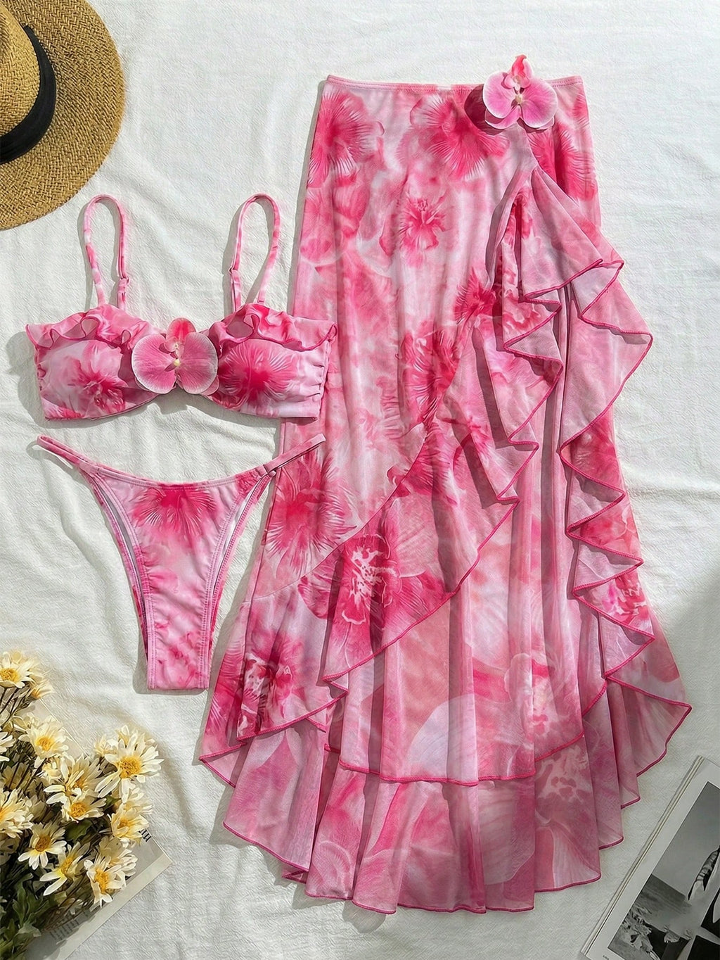 3pcs Women's Floral Print Elegant Sexy Backless 3D Flower Beach Dress