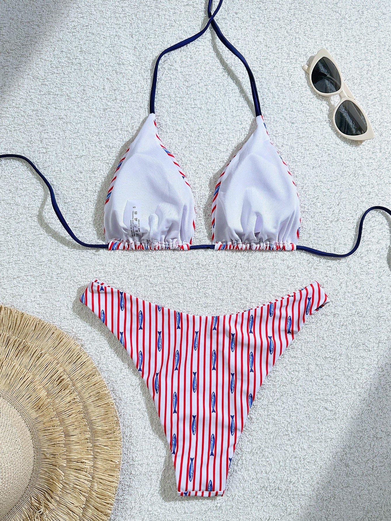 Bonvoyette 2pcs/Set Ocean Fish Print Triangle Halter Sexy Bikini Swimwear For Wo
