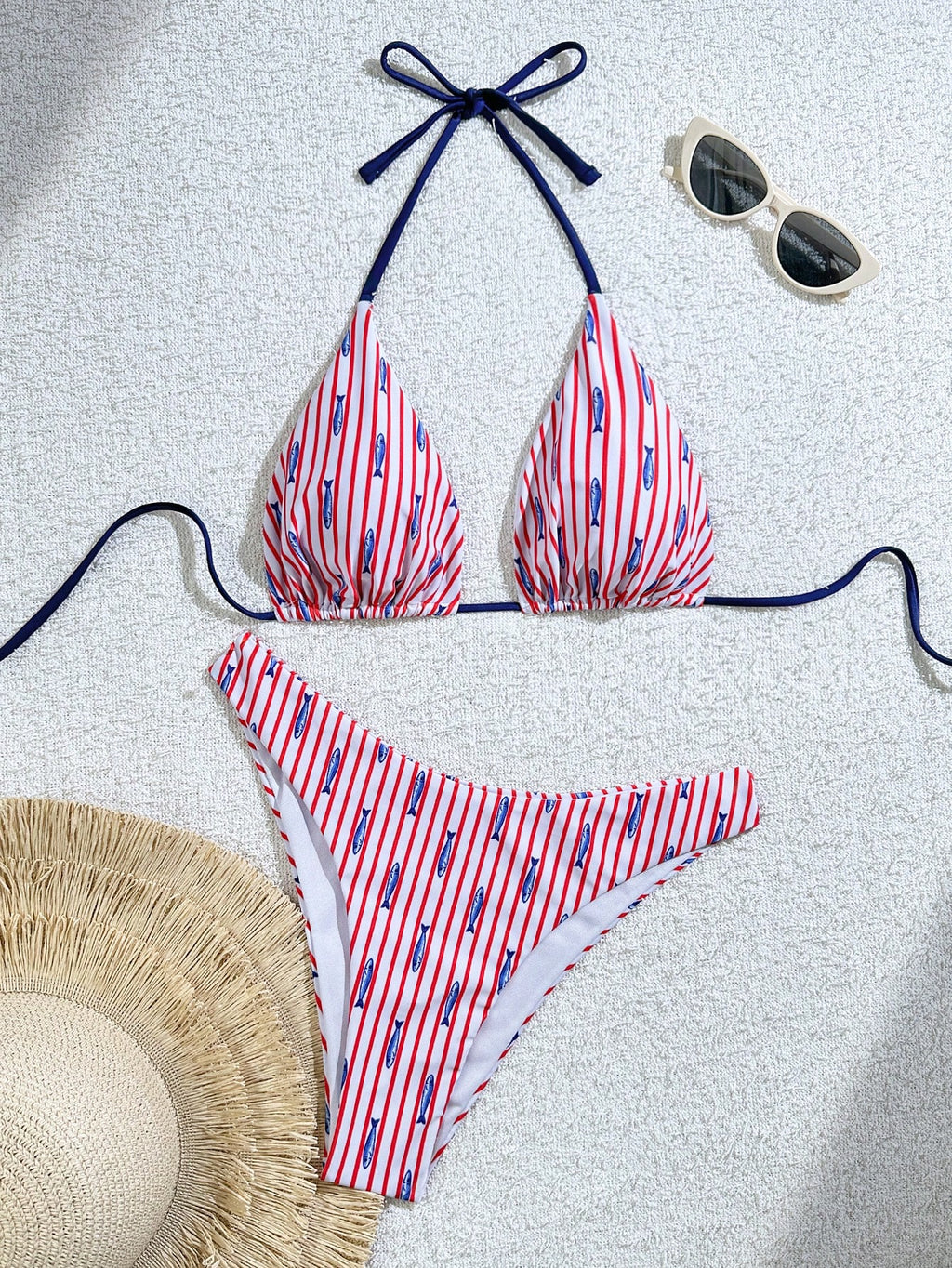 Bonvoyette 2pcs/Set Ocean Fish Print Triangle Halter Sexy Bikini Swimwear For Wo
