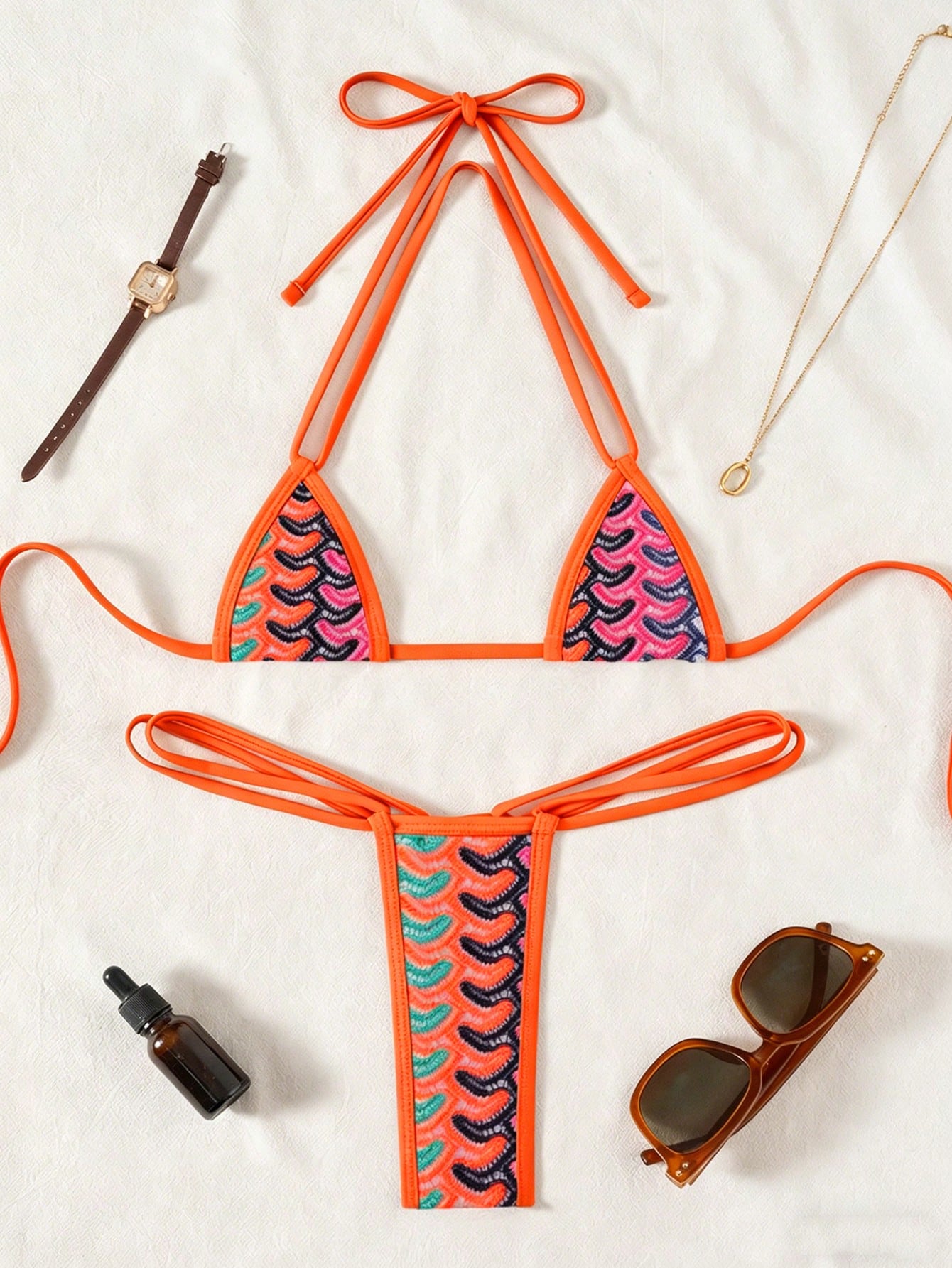 Swim SXY 2pcs/Set New Textured Fabric Micro Triangle Cup Halter Sexy Elegant Vac