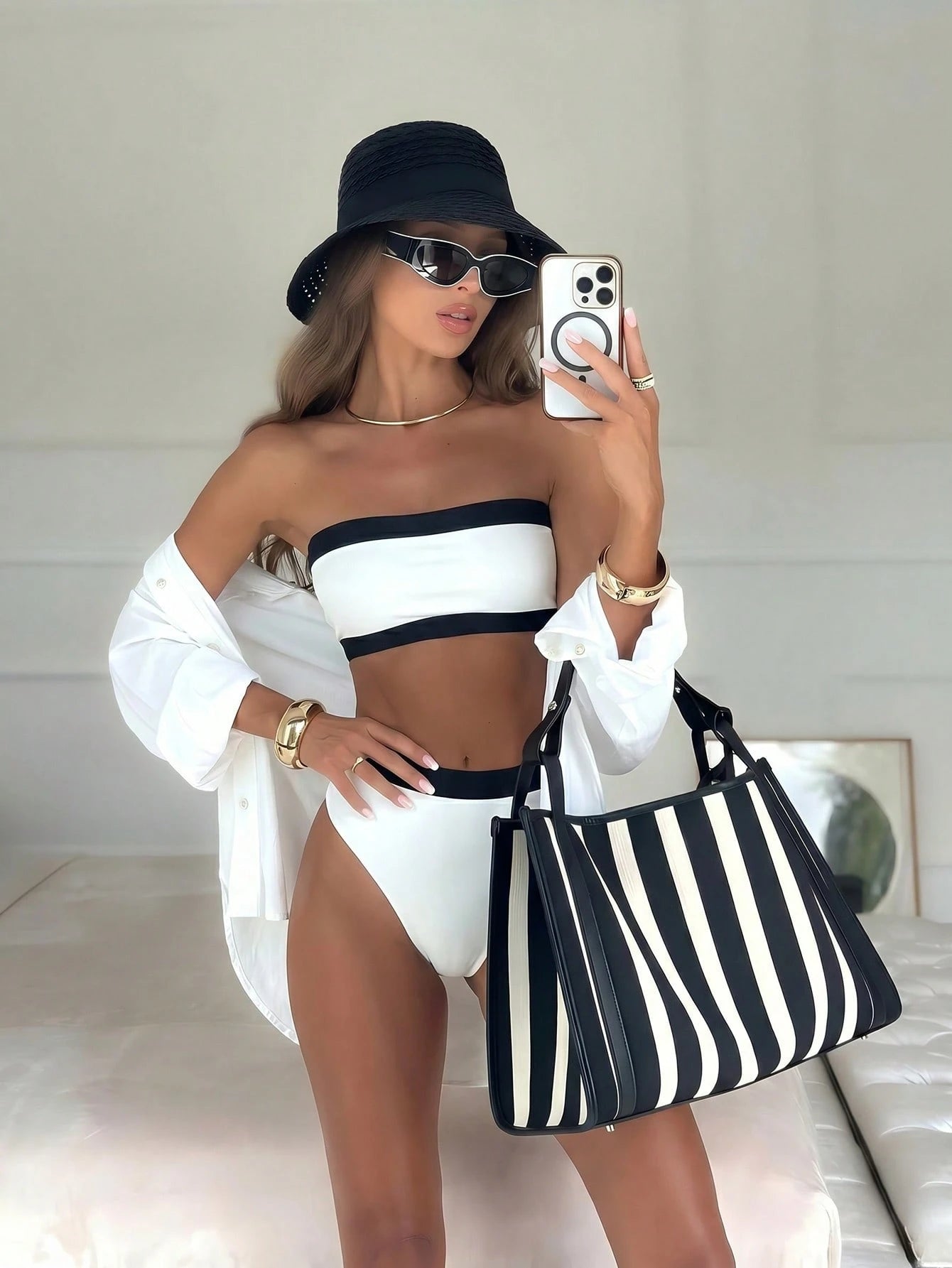 New Beach Pool Party Vacation Fashion Sexy Solid Color Block Detachable Shoulder