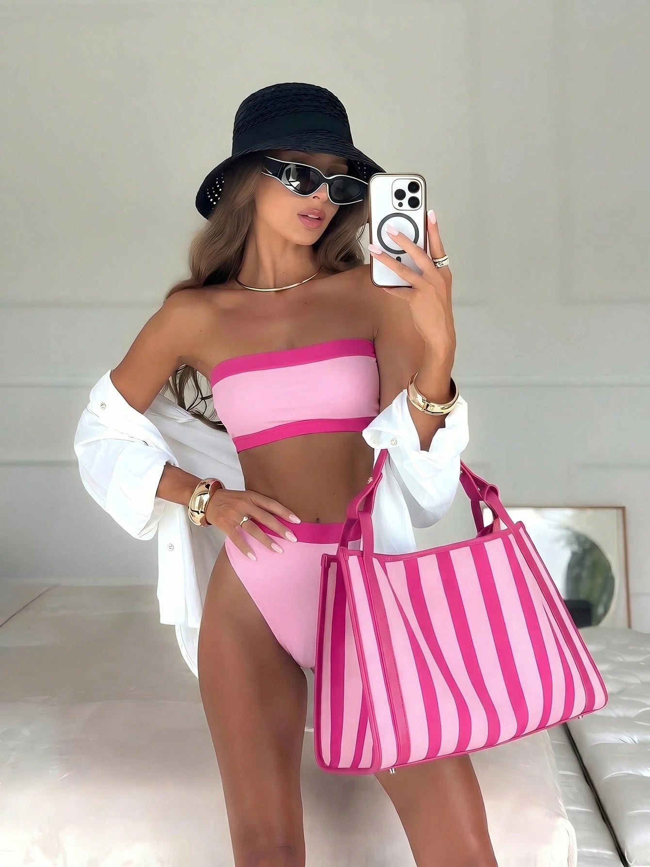 New Beach Pool Party Vacation Fashion Sexy Solid Color Block Detachable Shoulder