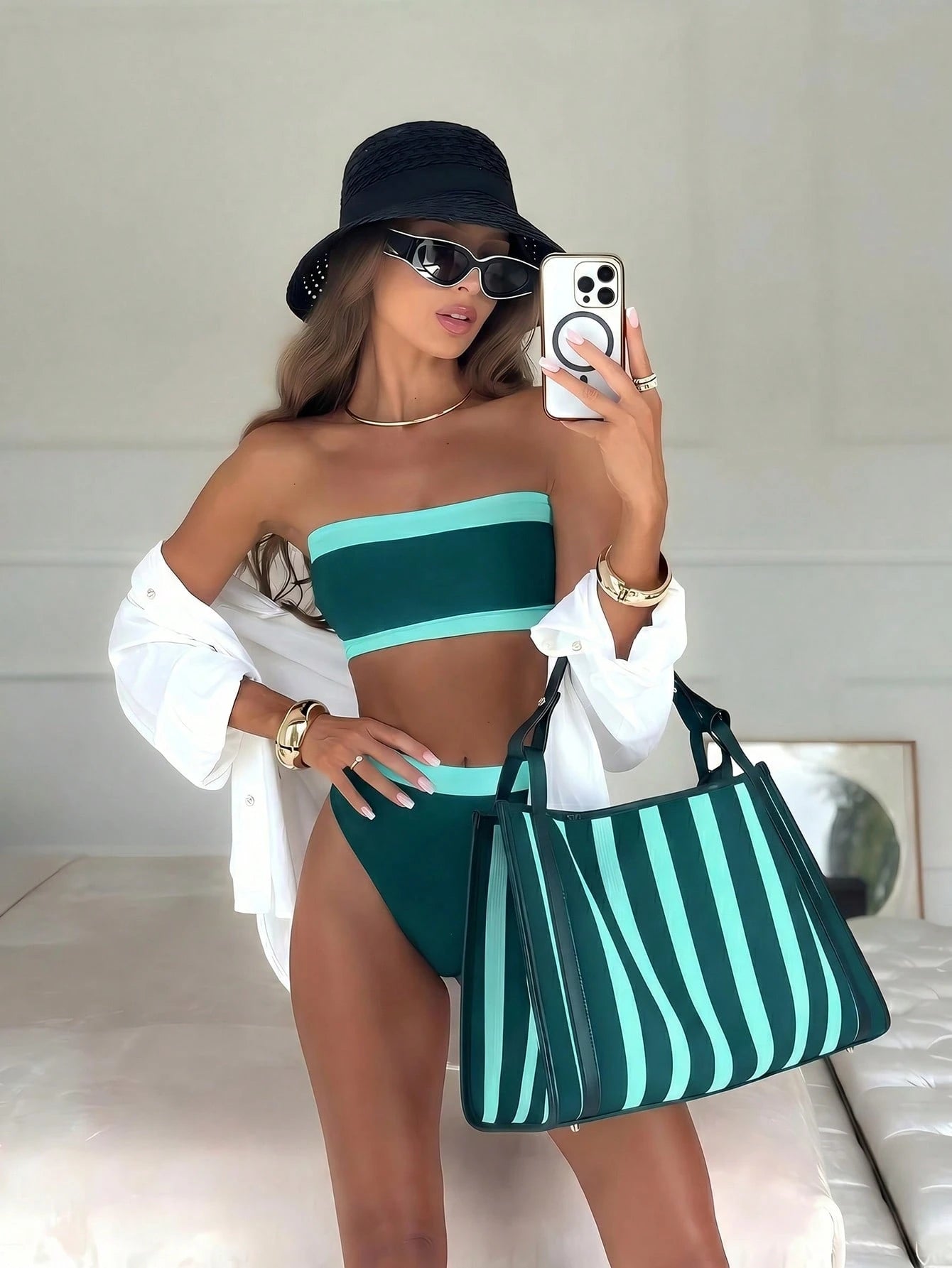 New Beach Pool Party Vacation Fashion Sexy Solid Color Block Detachable Shoulder