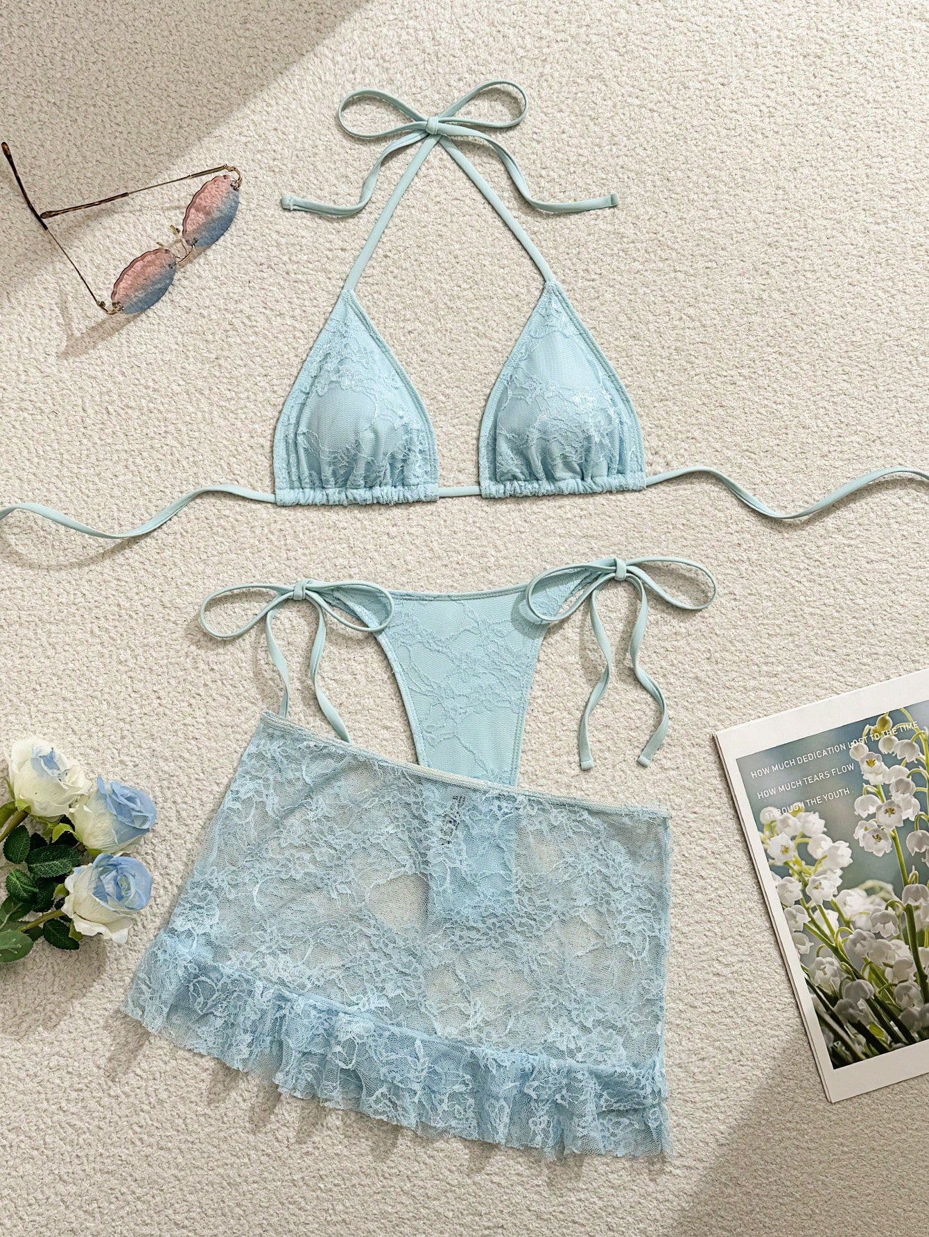 Swim Mod 3pcs/Set Women Sexy Solid Color Lace Flounce Hem Mini Skirt,