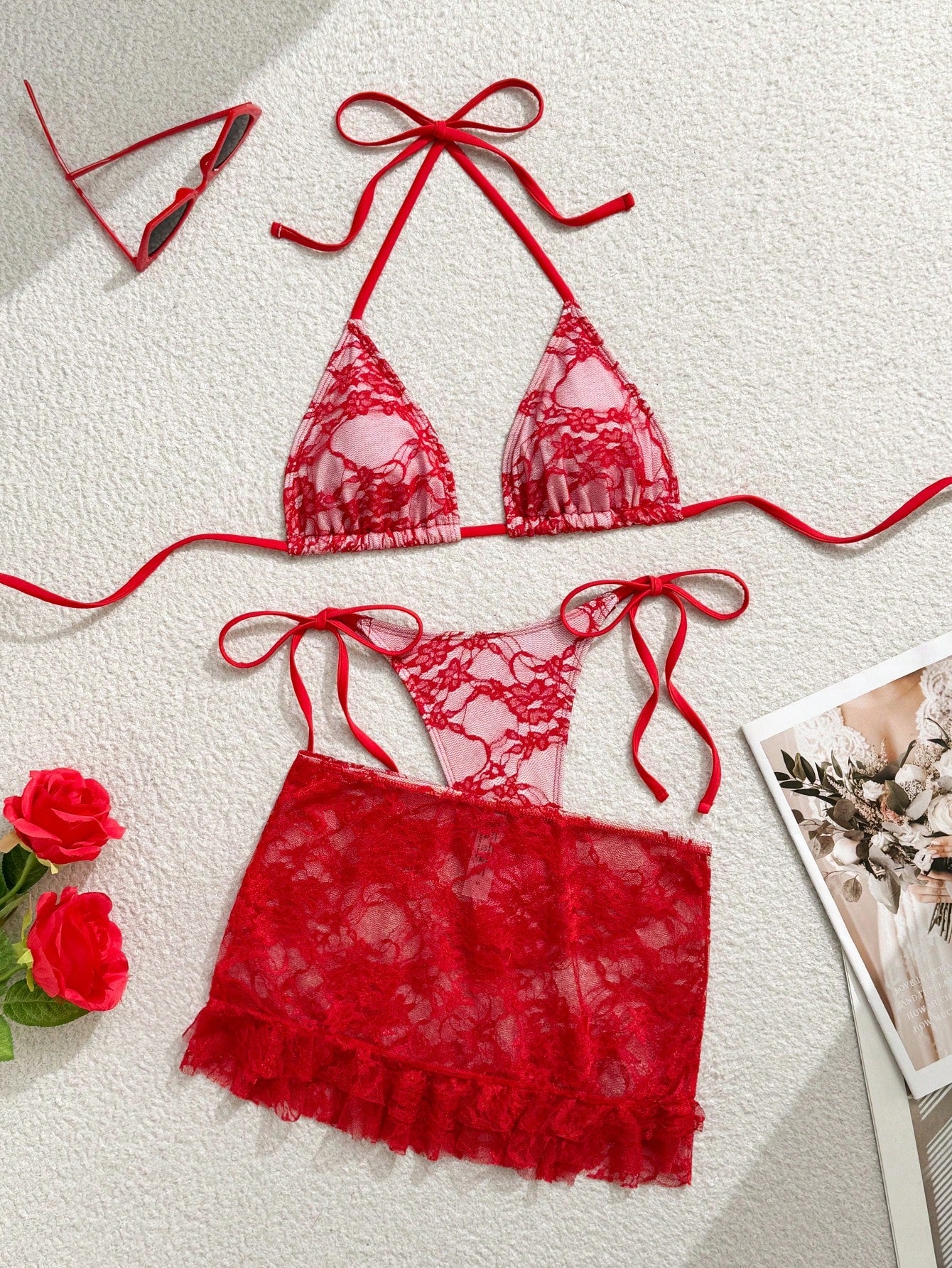 Swim Mod 3pcs/Set Women Sexy Solid Color Lace Flounce Hem Mini Skirt,