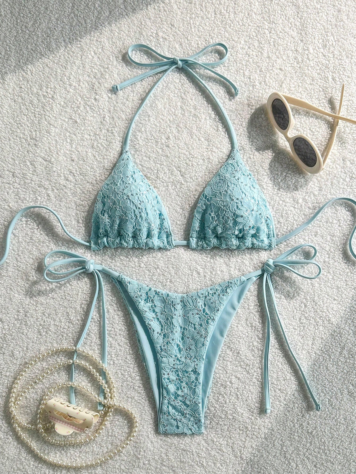 Costavie 2-Piece Swimwear Set, Featuring Sparkly Textured Fabric, Faux Pearl Decor, Halter Neck Triangle Bra - image 7