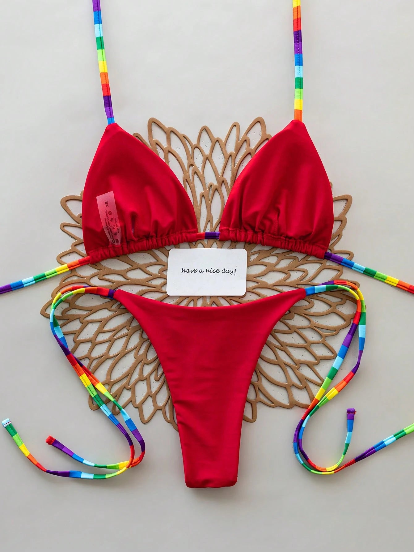 2pcs Rainbow Striped Sexy Backless Tie-Back Swimwear, Fashionable Bikini Set For