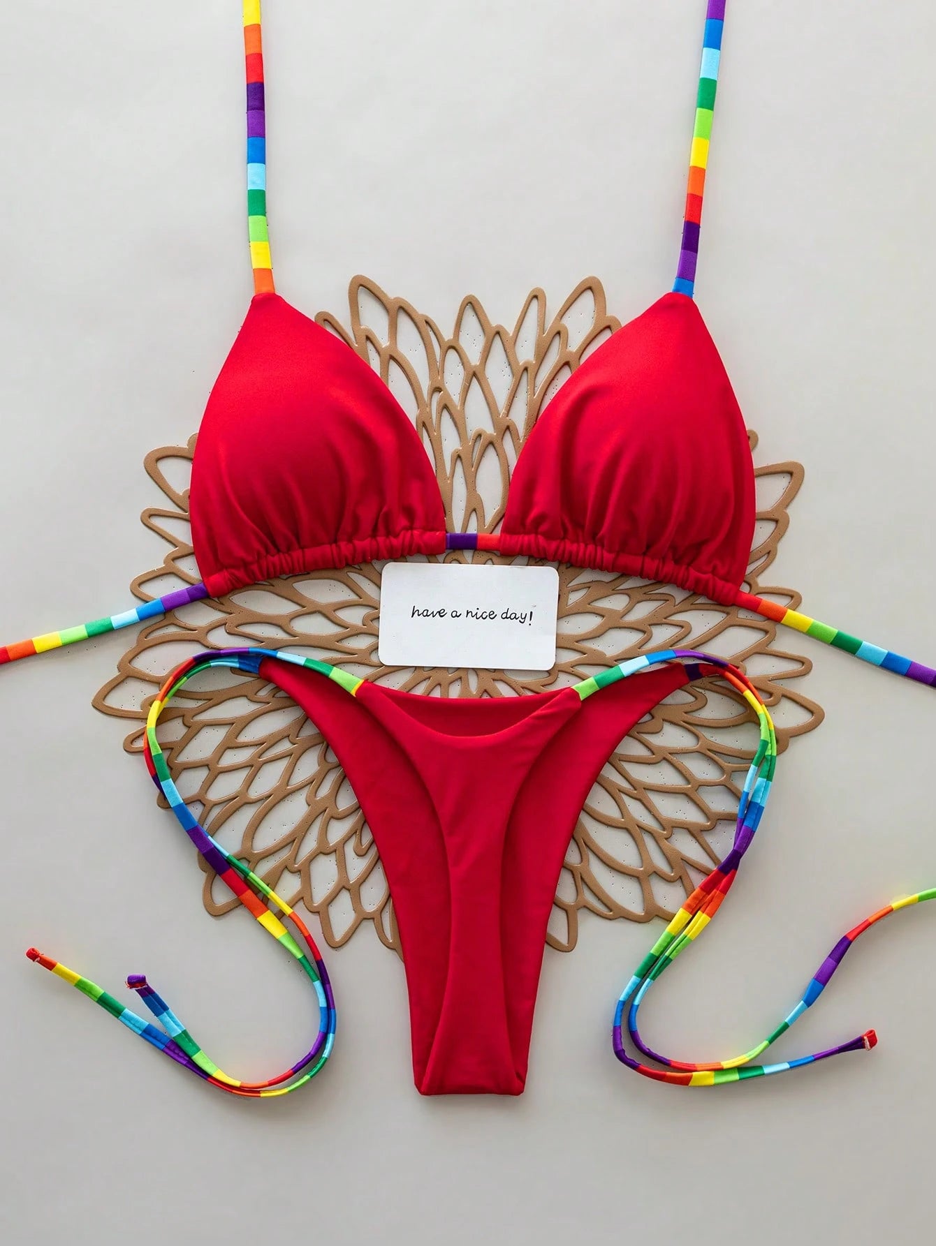 2pcs Rainbow Striped Sexy Backless Tie-Back Swimwear, Fashionable Bikini Set For