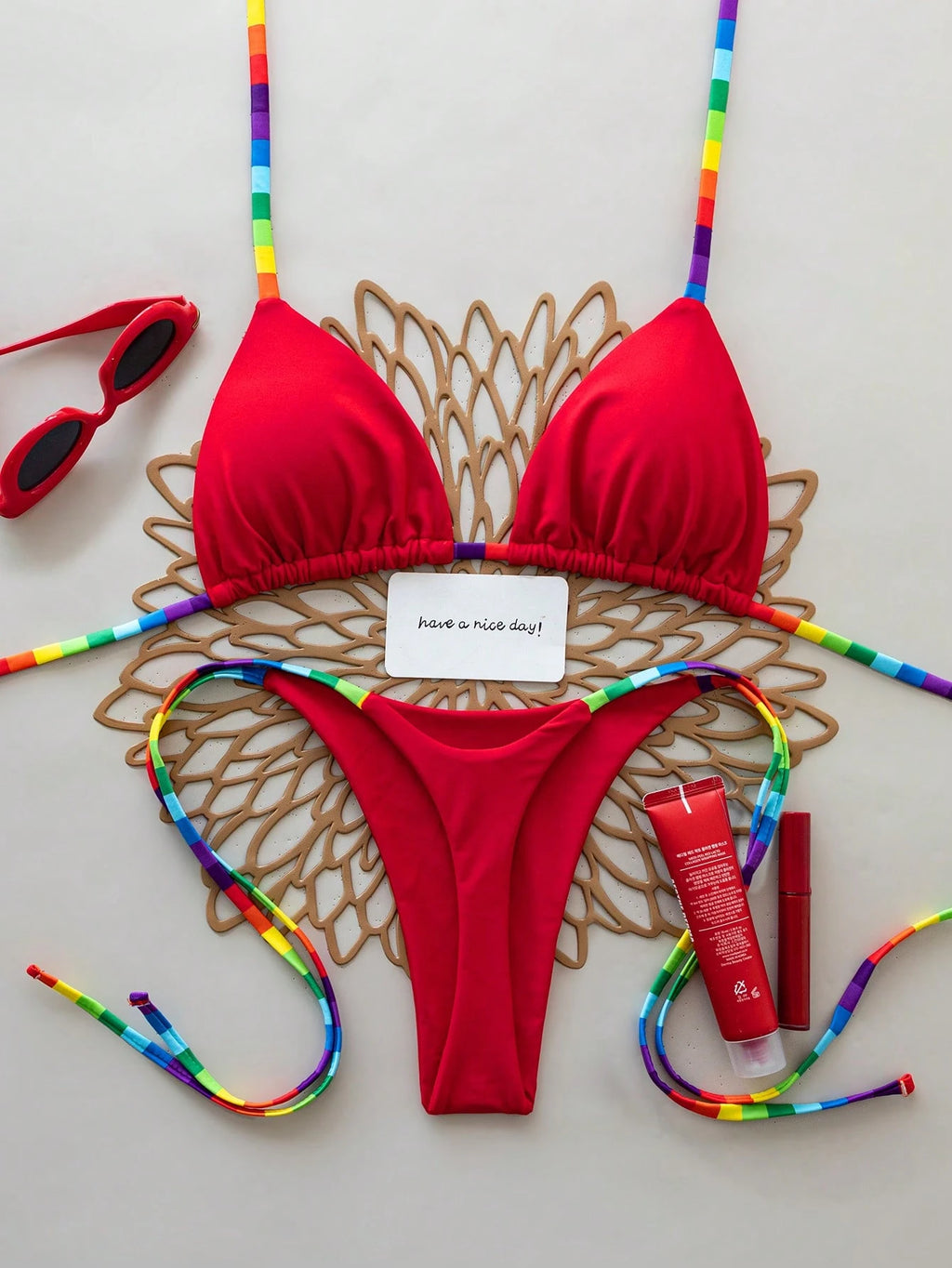2pcs Rainbow Striped Sexy Backless Tie-Back Swimwear, Fashionable Bikini Set For