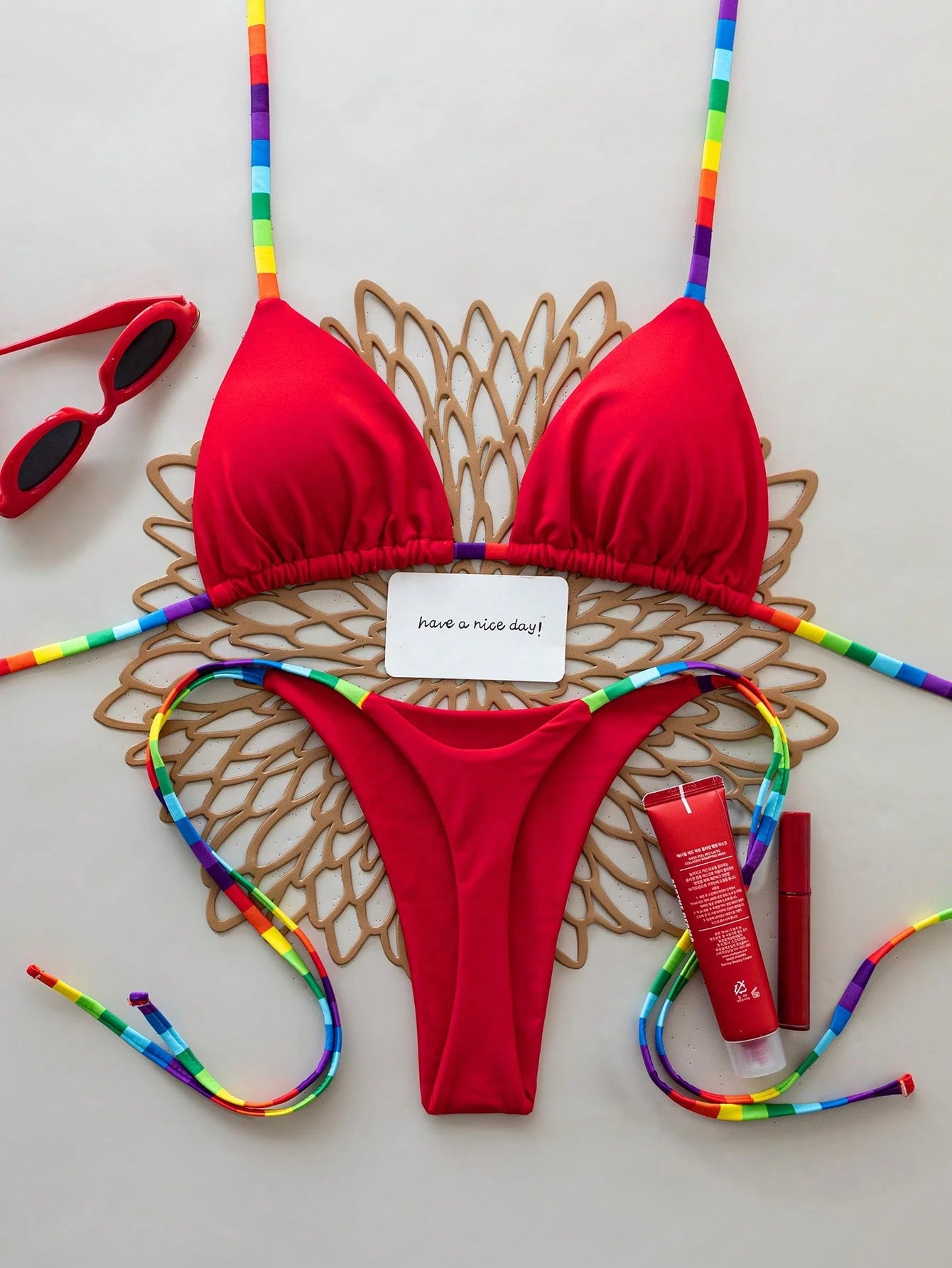 2pcs Rainbow Striped Sexy Backless Tie-Back Swimwear, Fashionable Bikini Set For