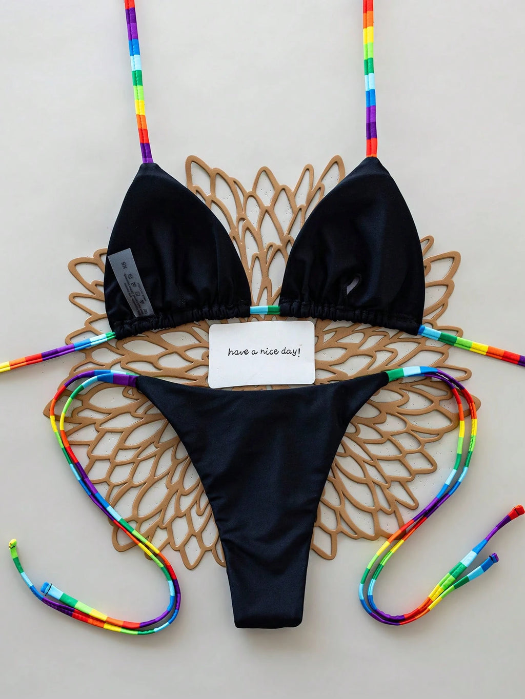 2pcs Rainbow Striped Sexy Backless Tie-Back Swimwear, Fashionable Bikini Set For