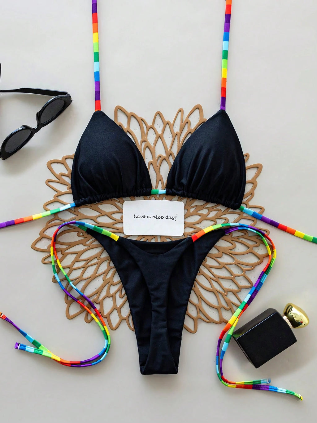 2pcs Rainbow Striped Sexy Backless Tie-Back Swimwear, Fashionable Bikini Set For