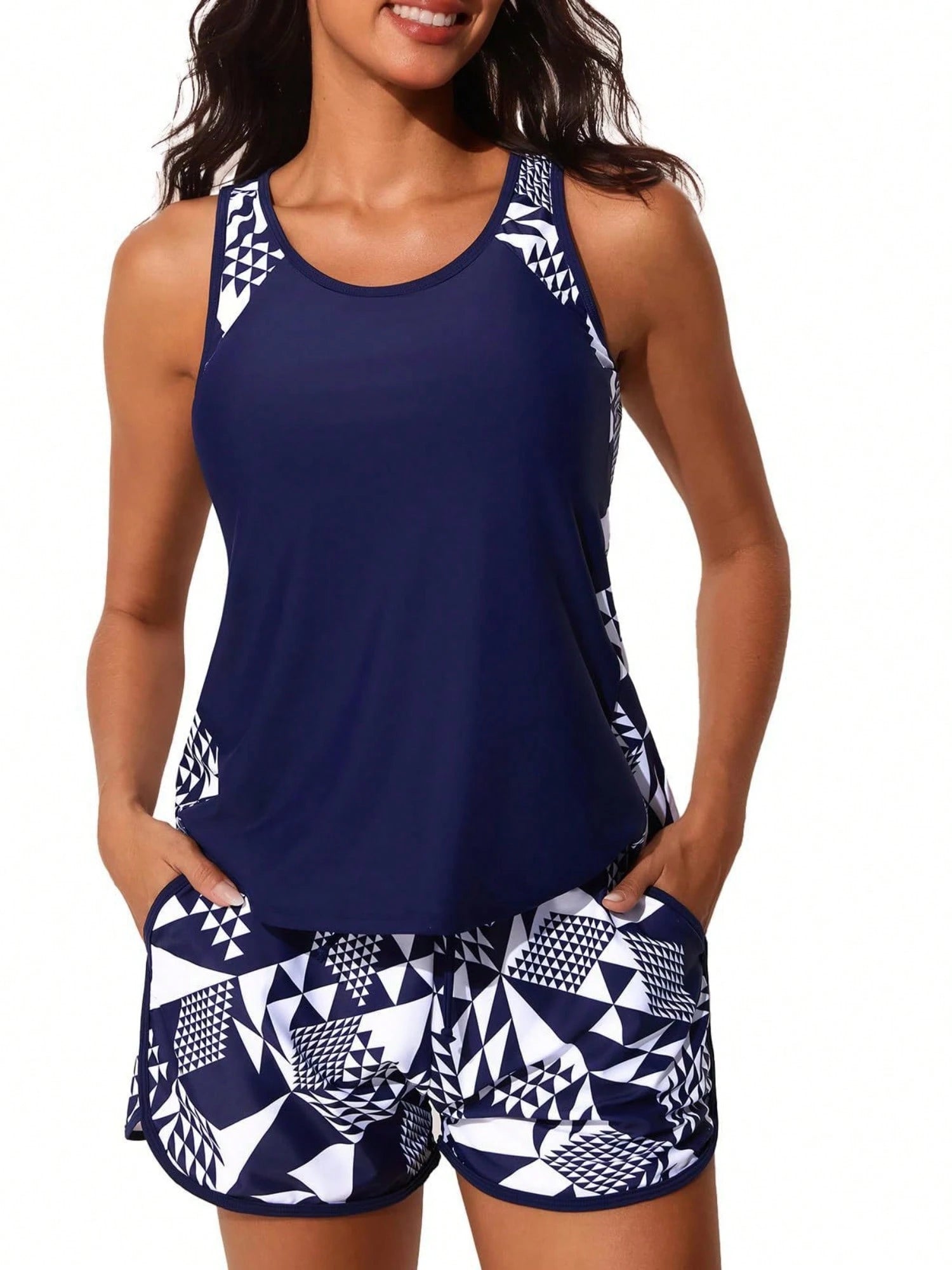 Y2K Slim Fit Printed Split Swimsuit, Sleeveless Tank Bikini, Tummy