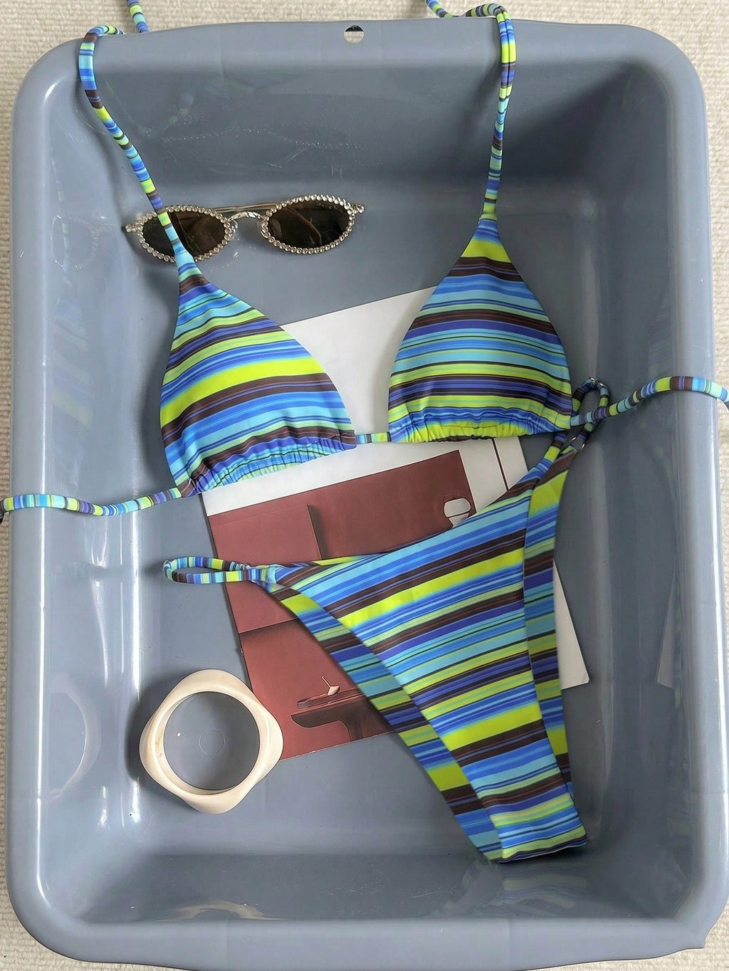 Women's Sexy Fashionable Colorful Striped Two Pieces Swimwear, Backless Tie-Up Bikini Set, Beach Resort - image 12