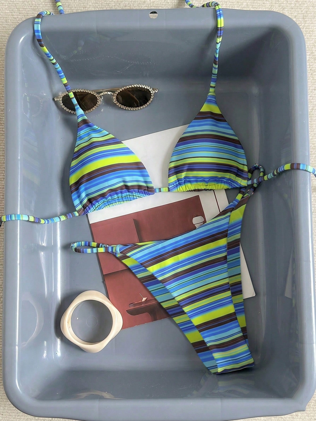 Women's Sexy Fashionable Colorful Striped Two Pieces Swimwear, Backless Tie-Up Bikini Set, Beach Resort - image 12