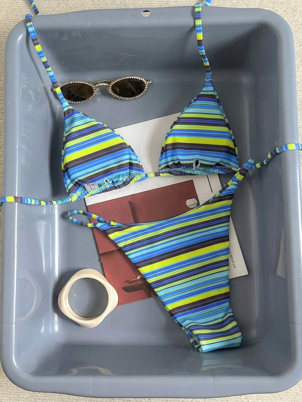 Women's Sexy Fashionable Colorful Striped Two Pieces Swimwear, Backless Tie-Up Bikini Set, Beach Resort - image 13