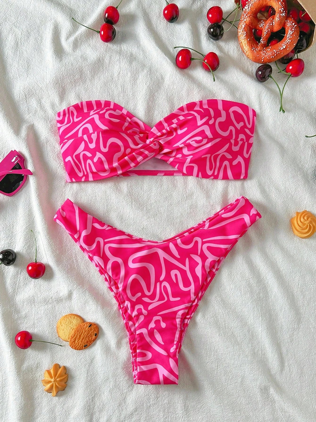 Swim Mod Multicolor Sleeveless Textured Pattern Bandeau Bikini Set