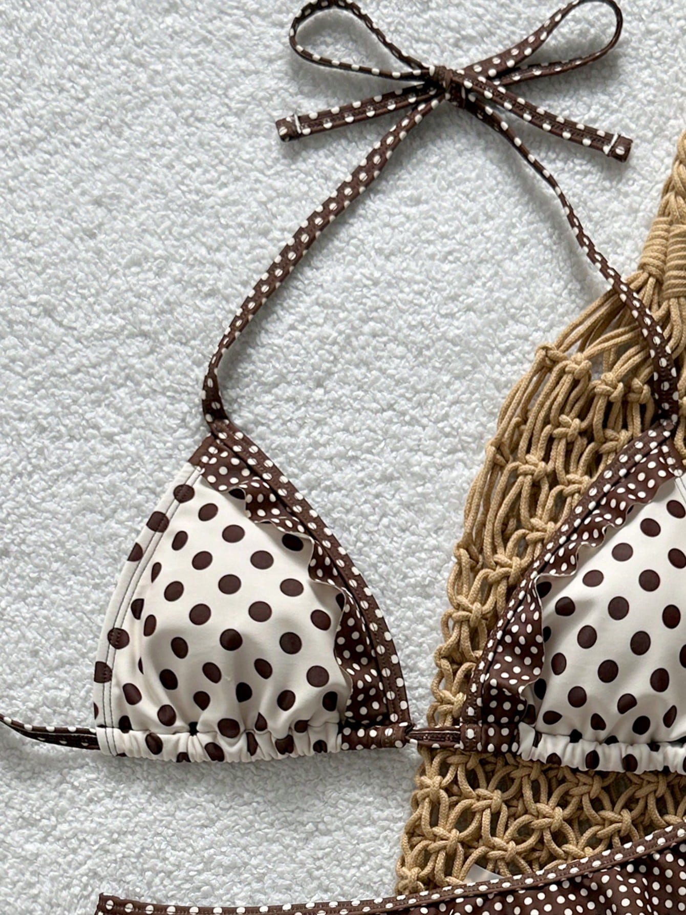 Swim Mod New Polka Dot Print Ruffled Halter Two Pieces Bikini Set,