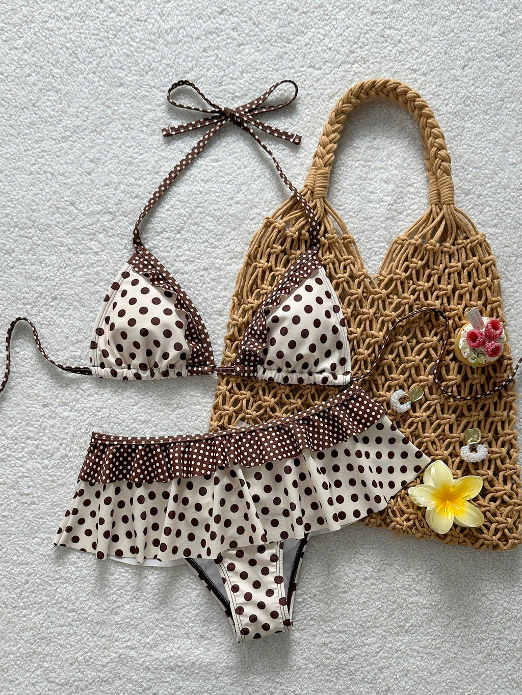 Swim Mod New Polka Dot Print Ruffled Halter Two Pieces Bikini Set,