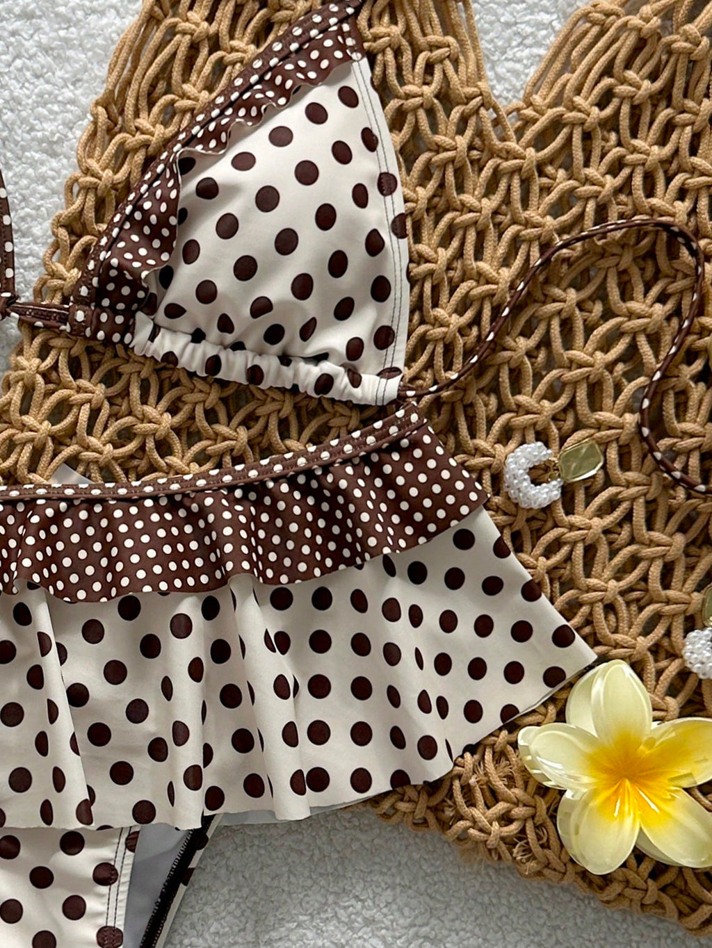 Swim Mod New Polka Dot Print Ruffled Halter Two Pieces Bikini Set,