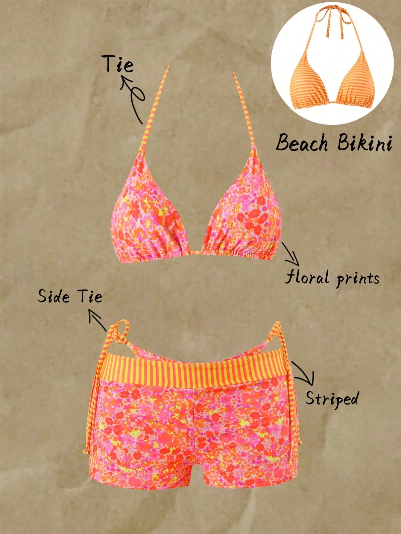 Swim Mod Women's 3 PiecesSwimsuit Set,Reversible Sweet Floral Striped