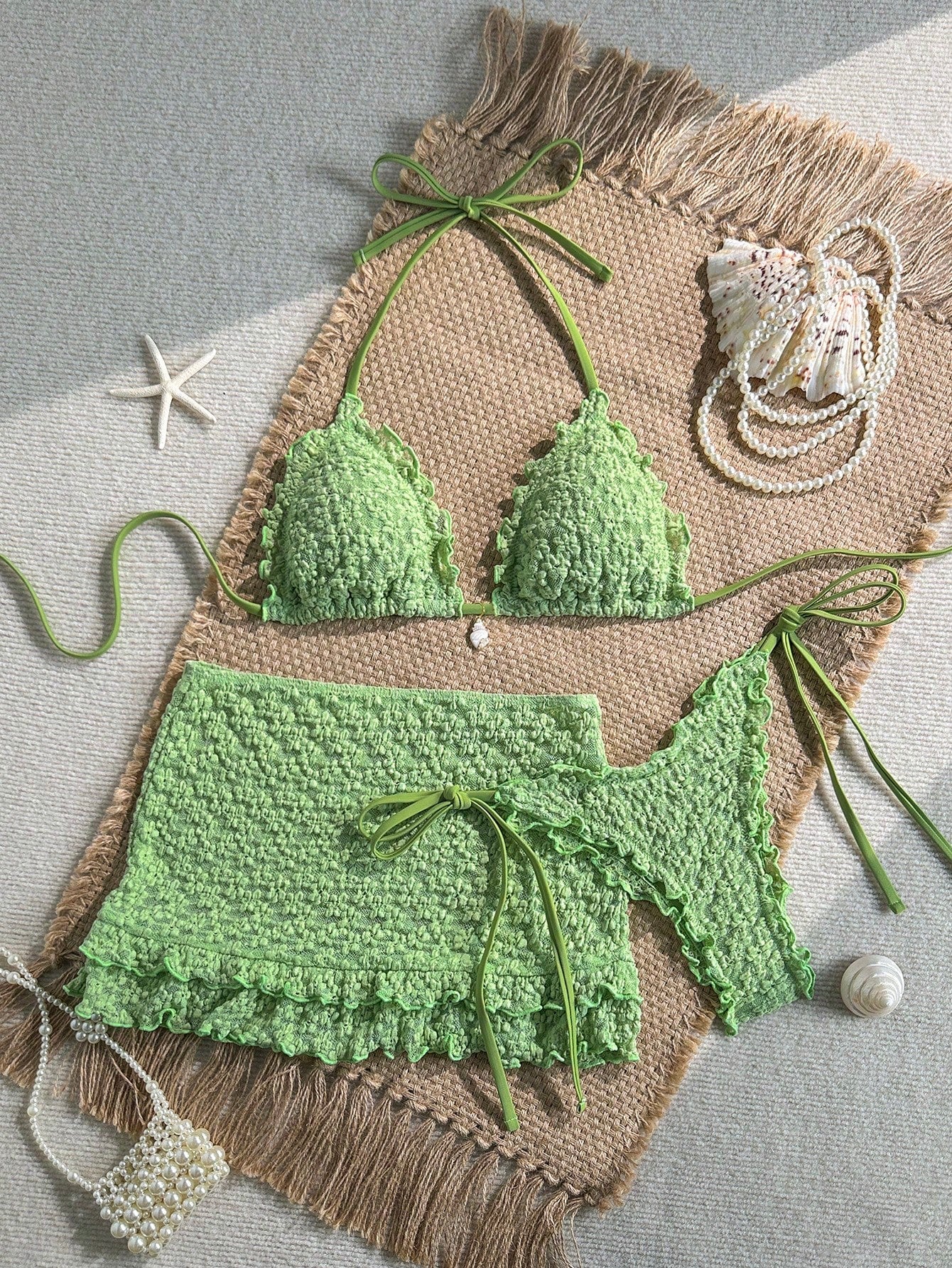 Swim Mod 3-Piece Set Pistachio Green Floral Textured Pearl Seashell