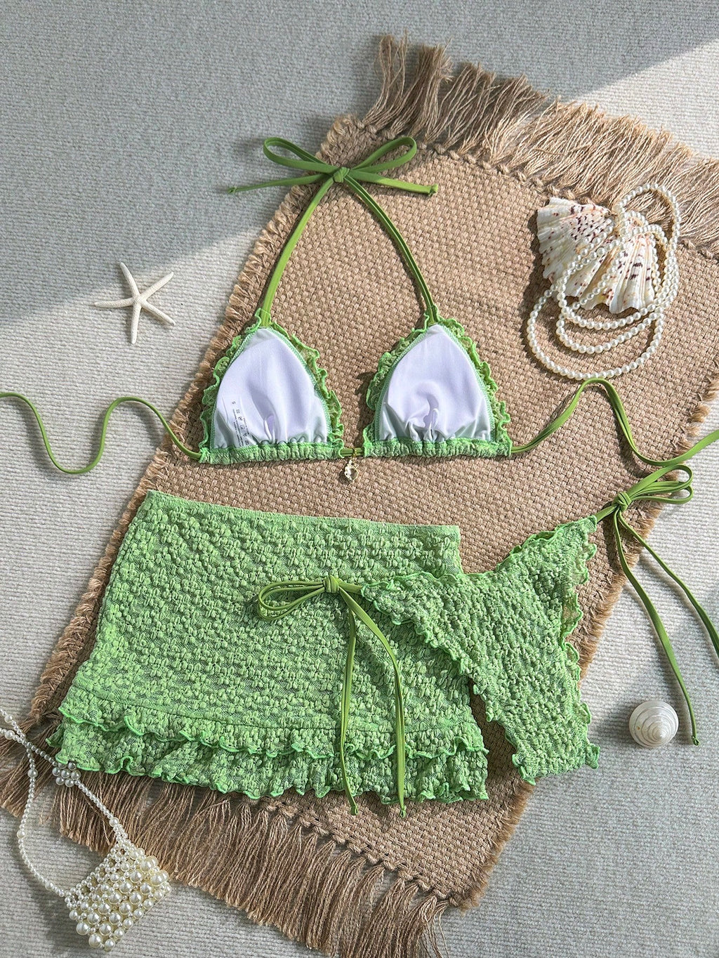 Swim Mod 3-Piece Set Pistachio Green Floral Textured Pearl Seashell