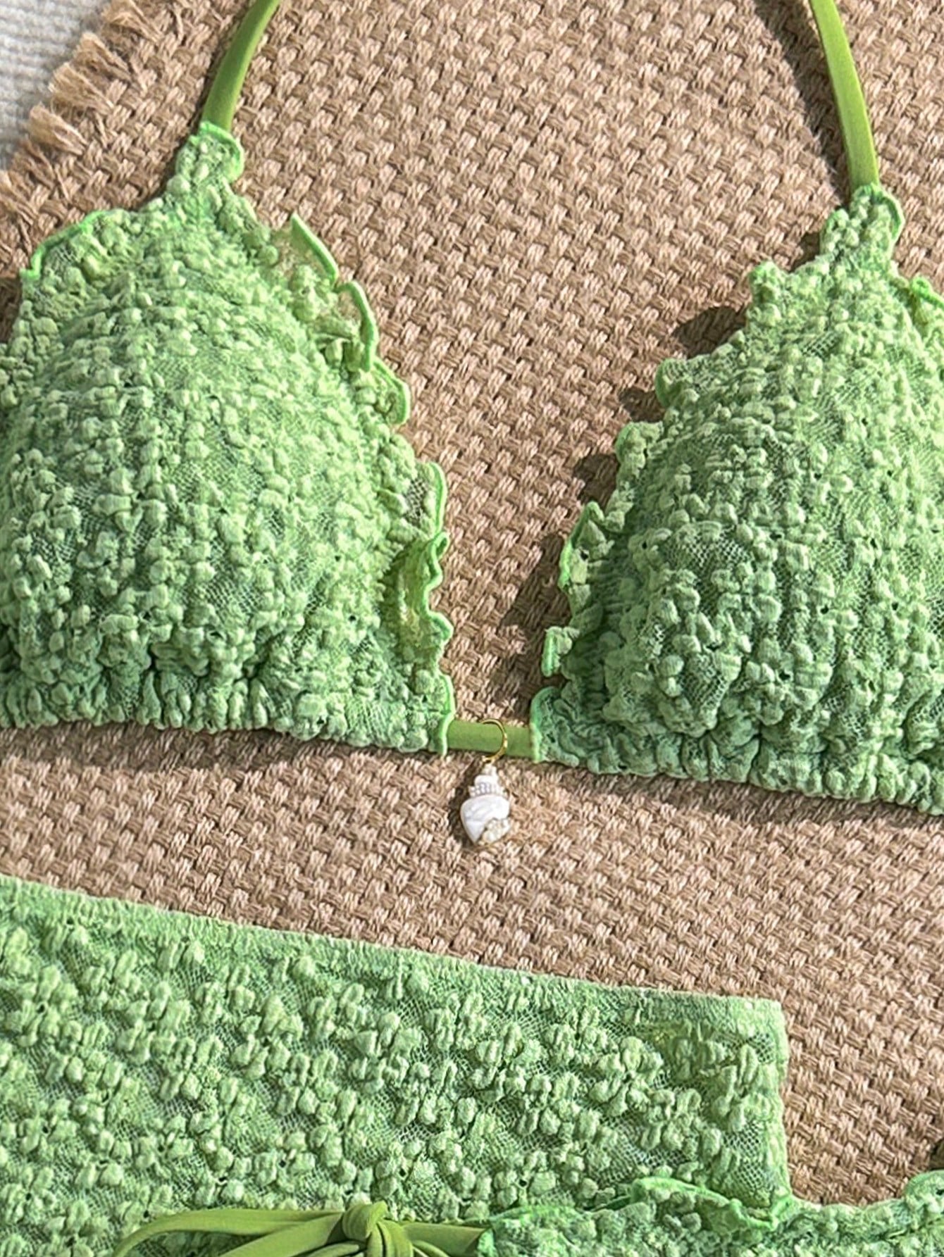 Swim Mod 3-Piece Set Pistachio Green Floral Textured Pearl Seashell