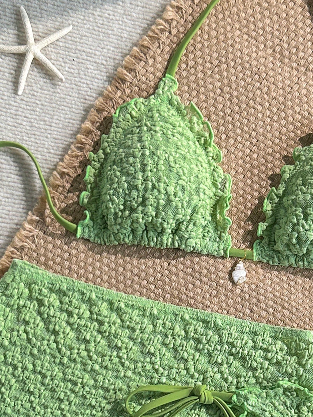 Swim Mod 3-Piece Set Pistachio Green Floral Textured Pearl Seashell