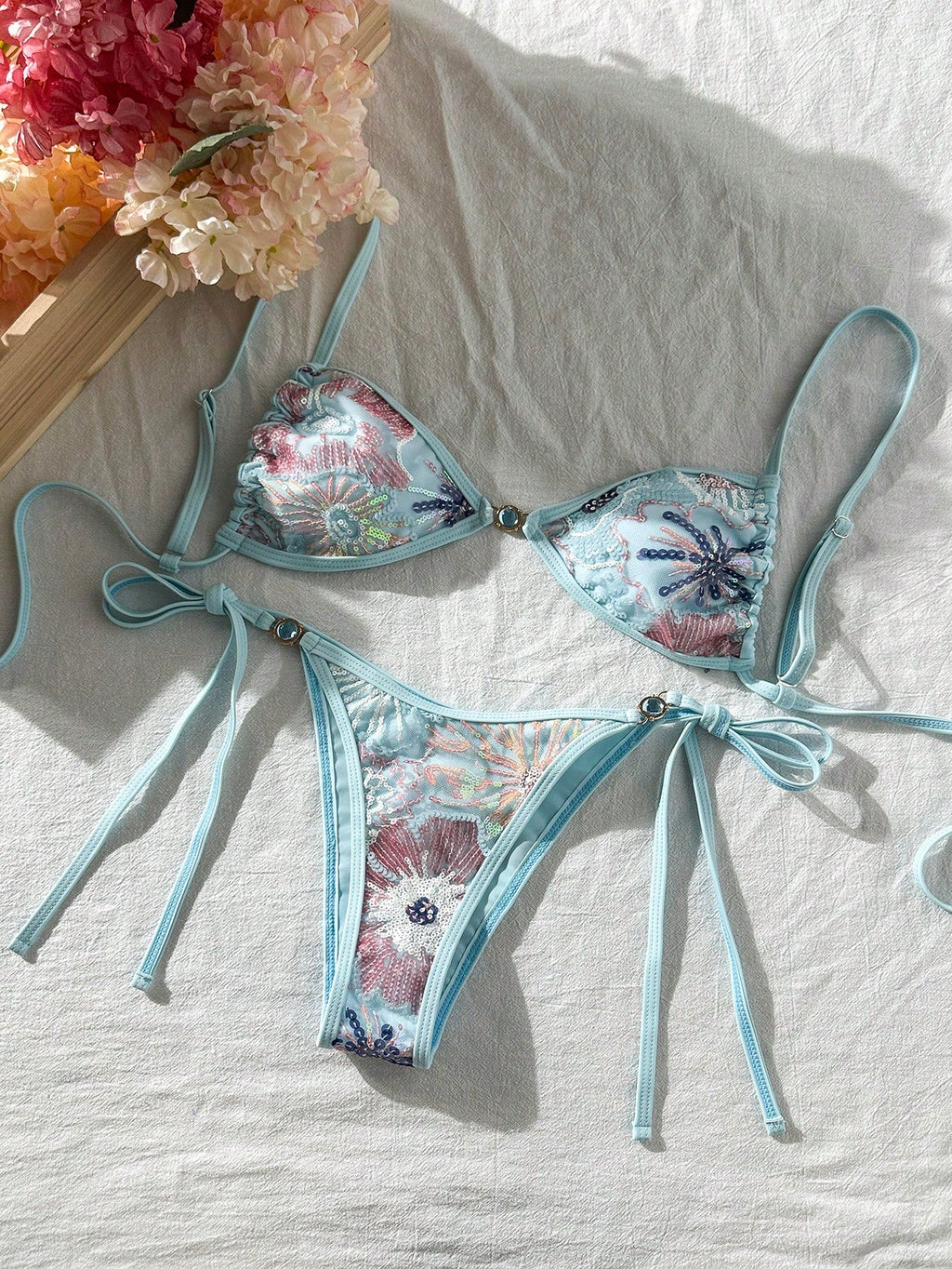 Swim Mod 2pcs/Set Women Summer Beach Vacation Textured Fabric Pearl