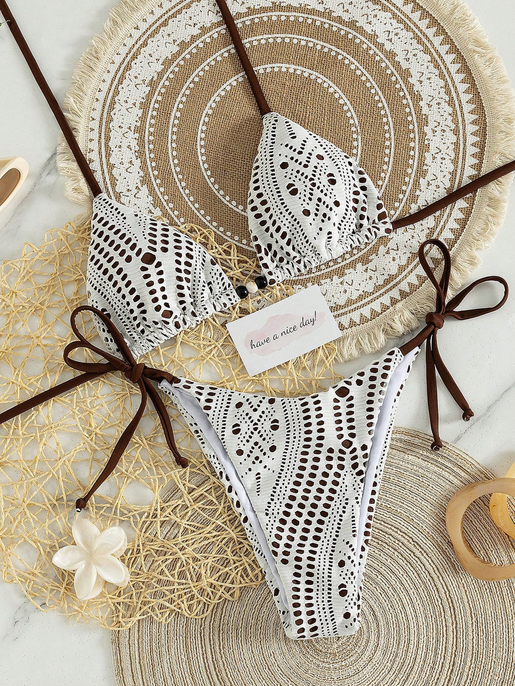 Bonvoyette Women's 2-Piece White Crochet Lace Triangle Bikini