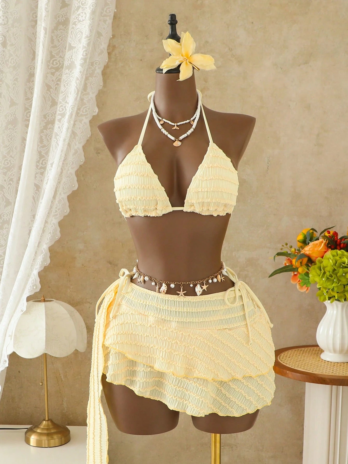 Bellisia Women's Pale Yellow 3 Pieces Bikini Set With Skirt,Summer