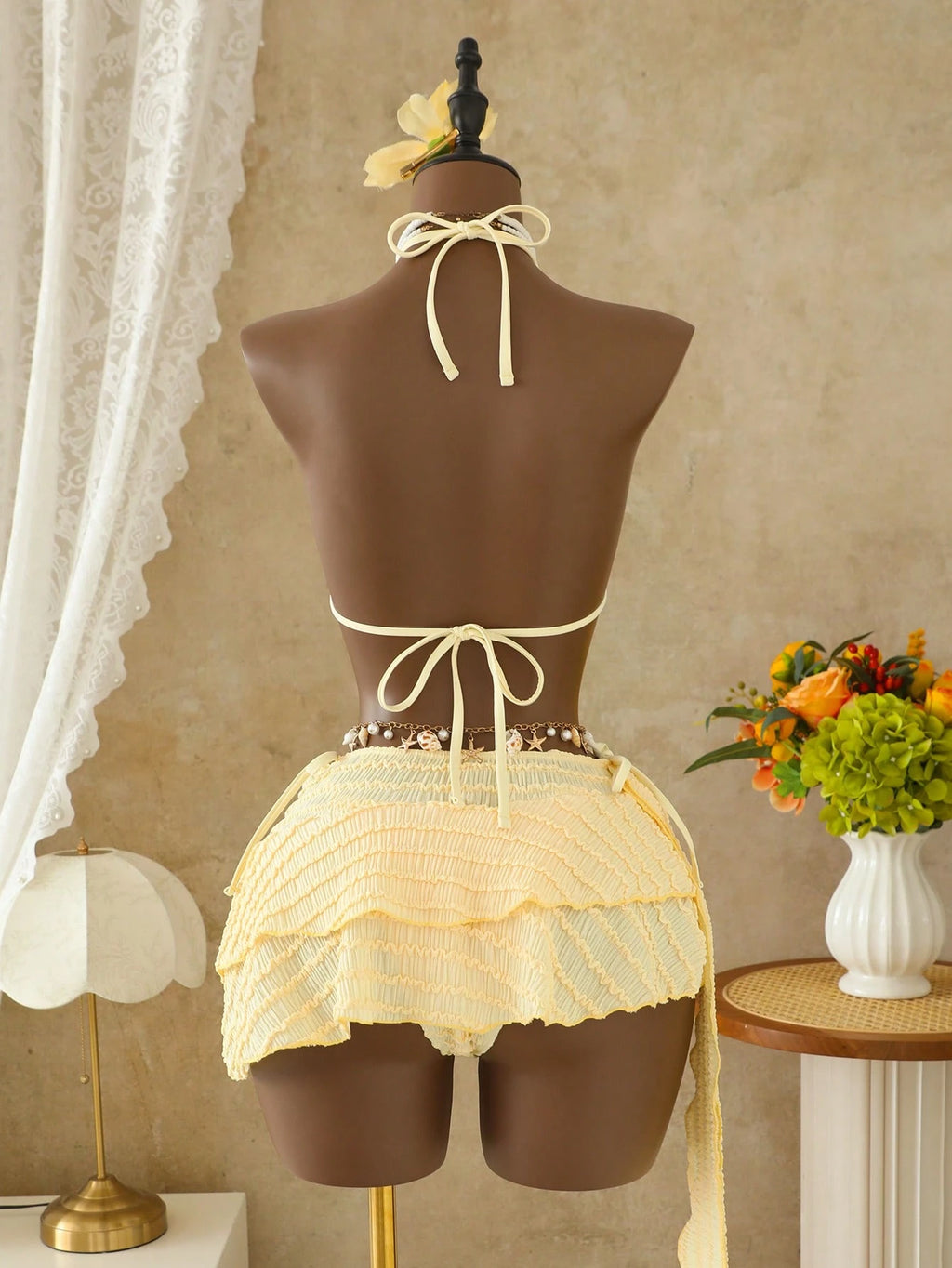 Bellisia Women's Pale Yellow 3 Pieces Bikini Set With Skirt,Summer