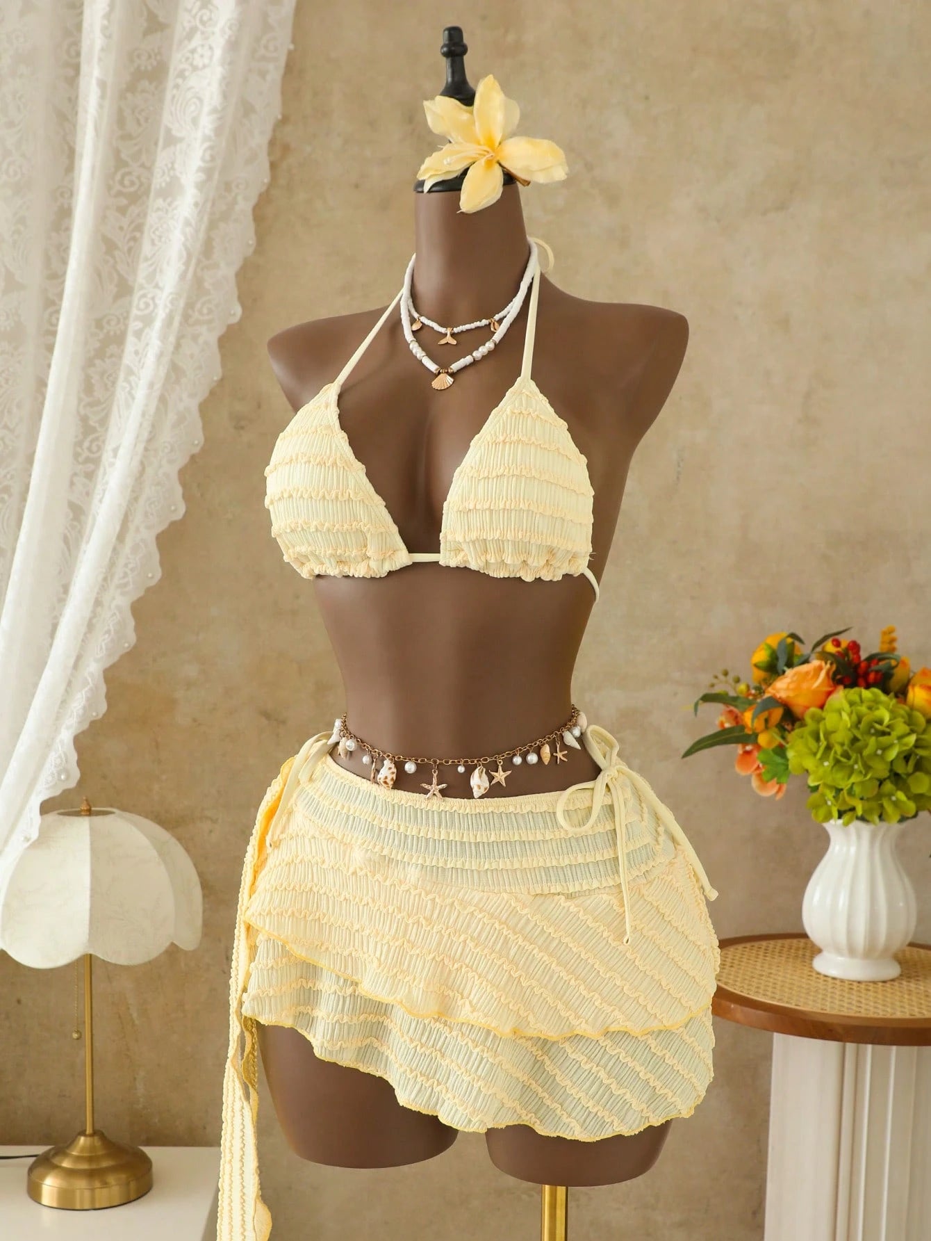 Bellisia Women's Pale Yellow 3 Pieces Bikini Set With Skirt,Summer