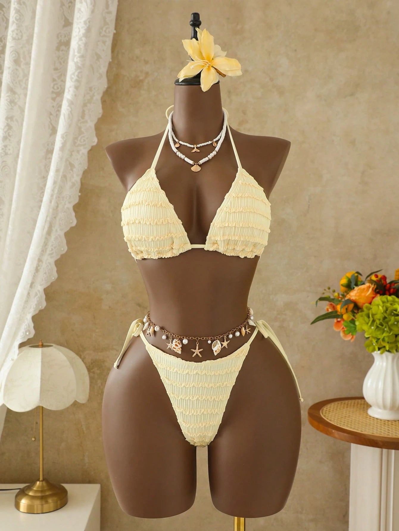 Bellisia Women's Pale Yellow 3 Pieces Bikini Set With Skirt,Summer