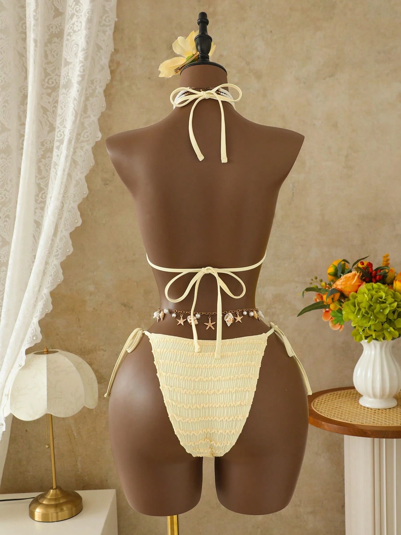 Bellisia Women's Pale Yellow 3 Pieces Bikini Set With Skirt,Summer