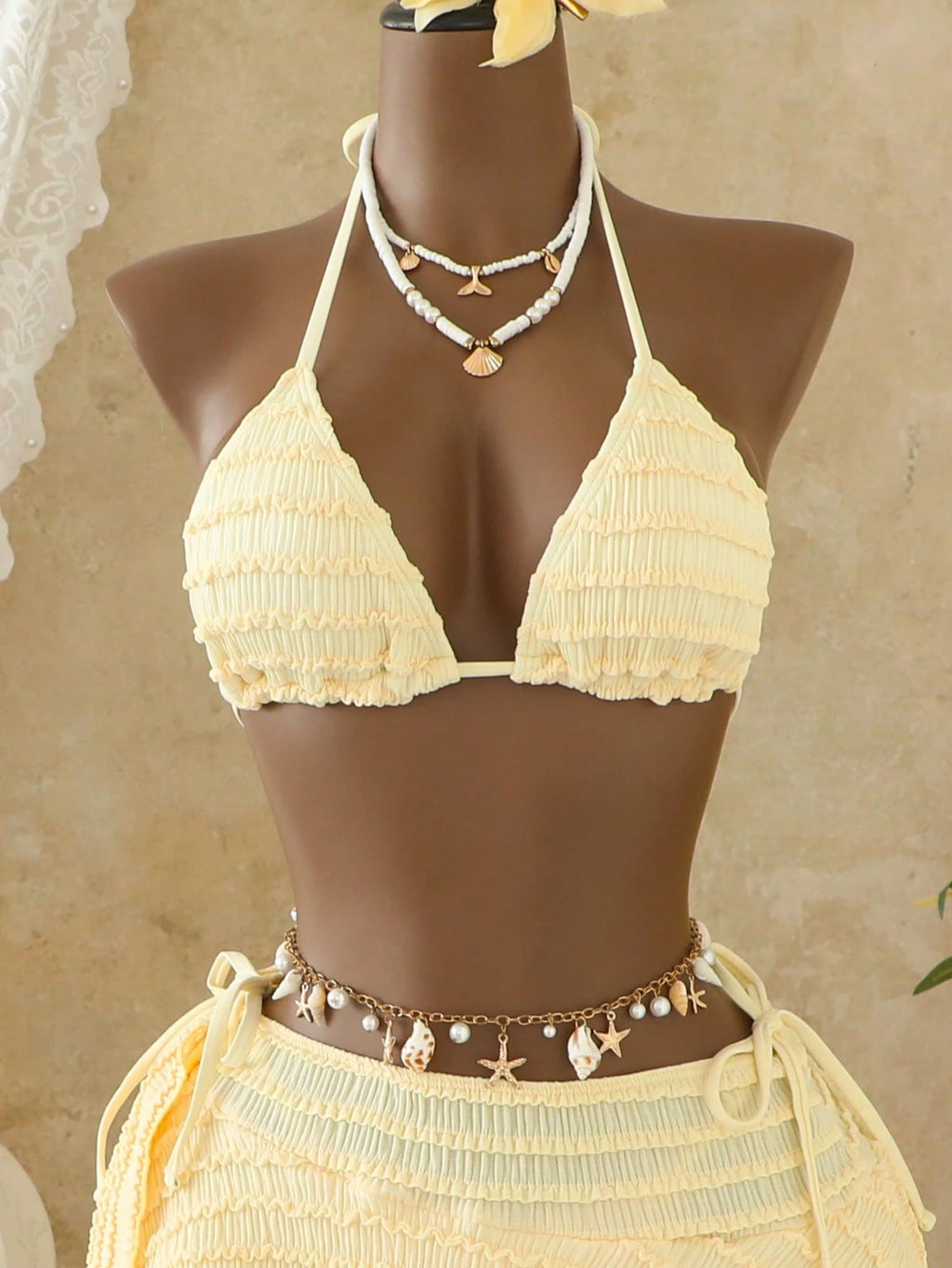 Bellisia Women's Pale Yellow 3 Pieces Bikini Set With Skirt,Summer