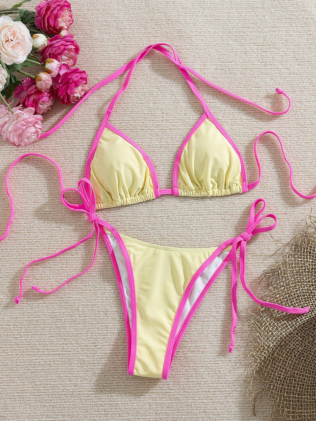 Women's Solid Color Contrast Bikini Set, Halter Neck Tie Back Open Back Swimwear