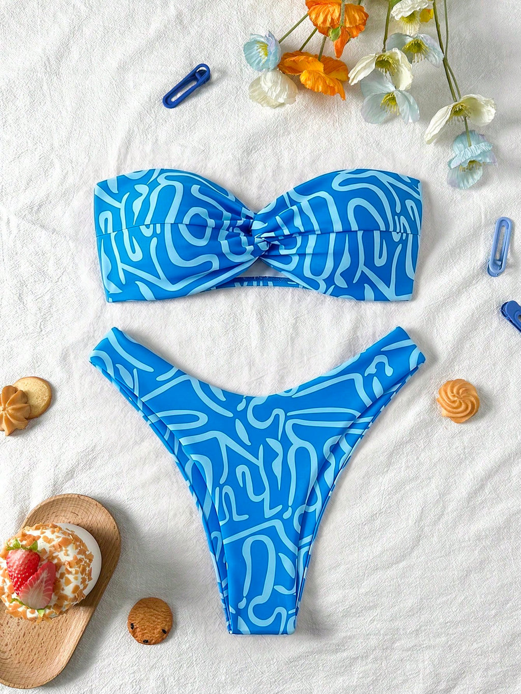 Swim Mod Multicolor Sleeveless Textured Pattern Bandeau Bikini Set