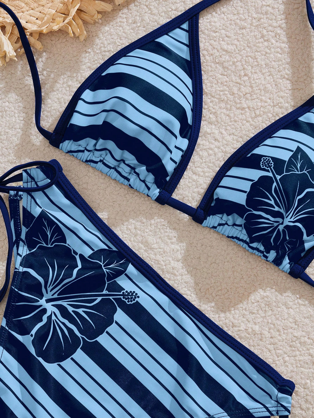 Women's Bikini Swimwear, Retro Striped Cute Hibiscus Print Swimwear