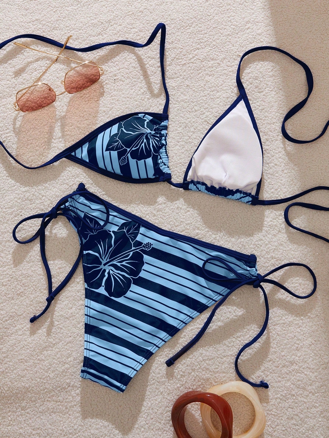Women's Bikini Swimwear, Retro Striped Cute Hibiscus Print Swimwear