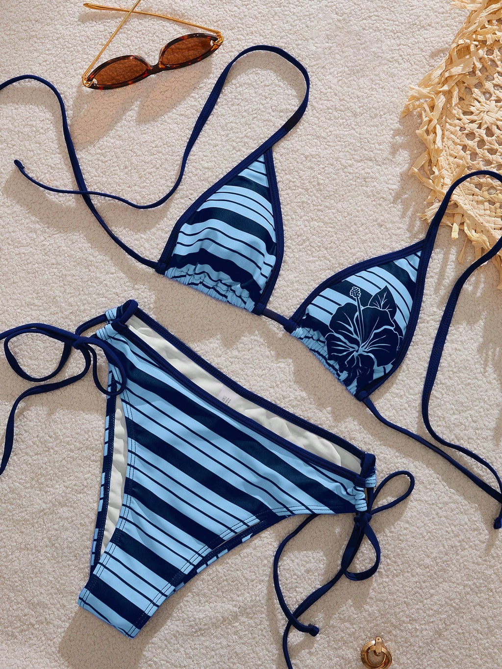 Women's Bikini Swimwear, Retro Striped Cute Hibiscus Print Swimwear