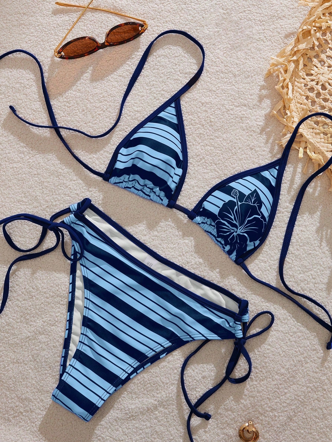 Women's Bikini Swimwear, Retro Striped Cute Hibiscus Print Swimwear