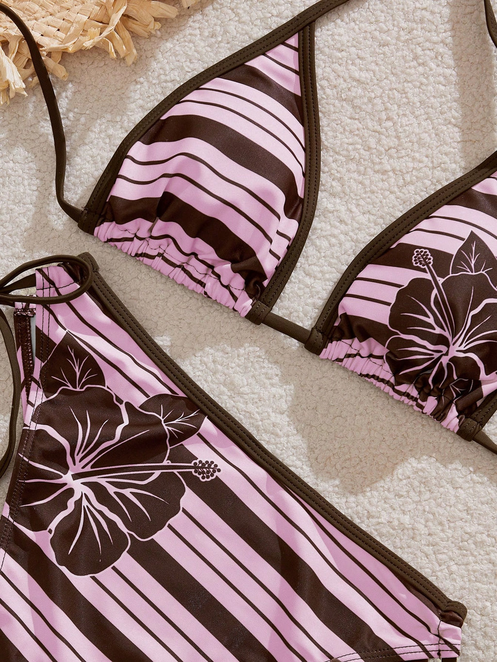 Women's Bikini Swimwear, Retro Striped Cute Hibiscus Print Swimwear