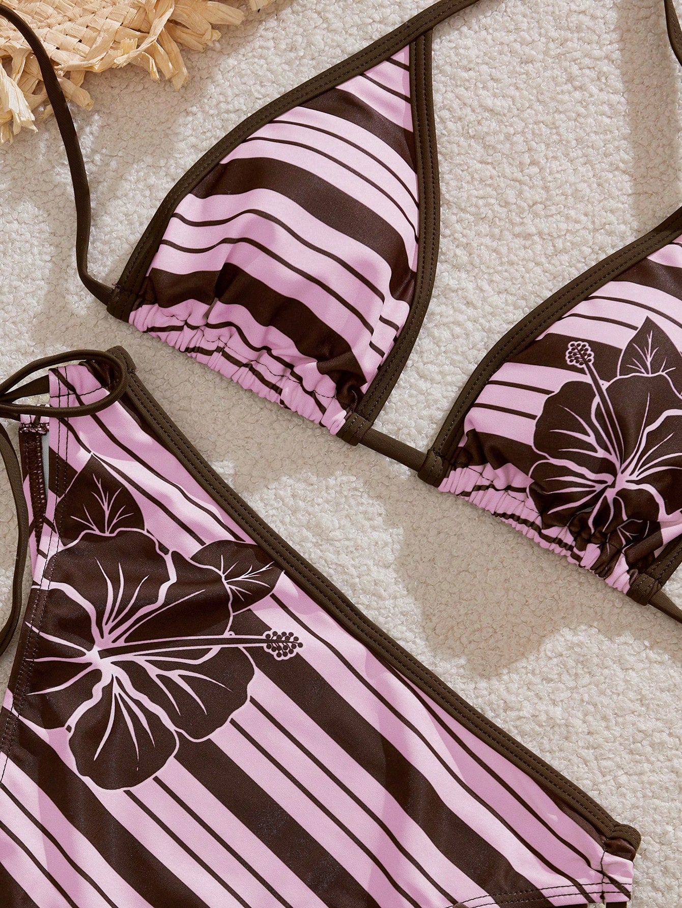 Women's Bikini Swimwear, Retro Striped Cute Hibiscus Print Swimwear