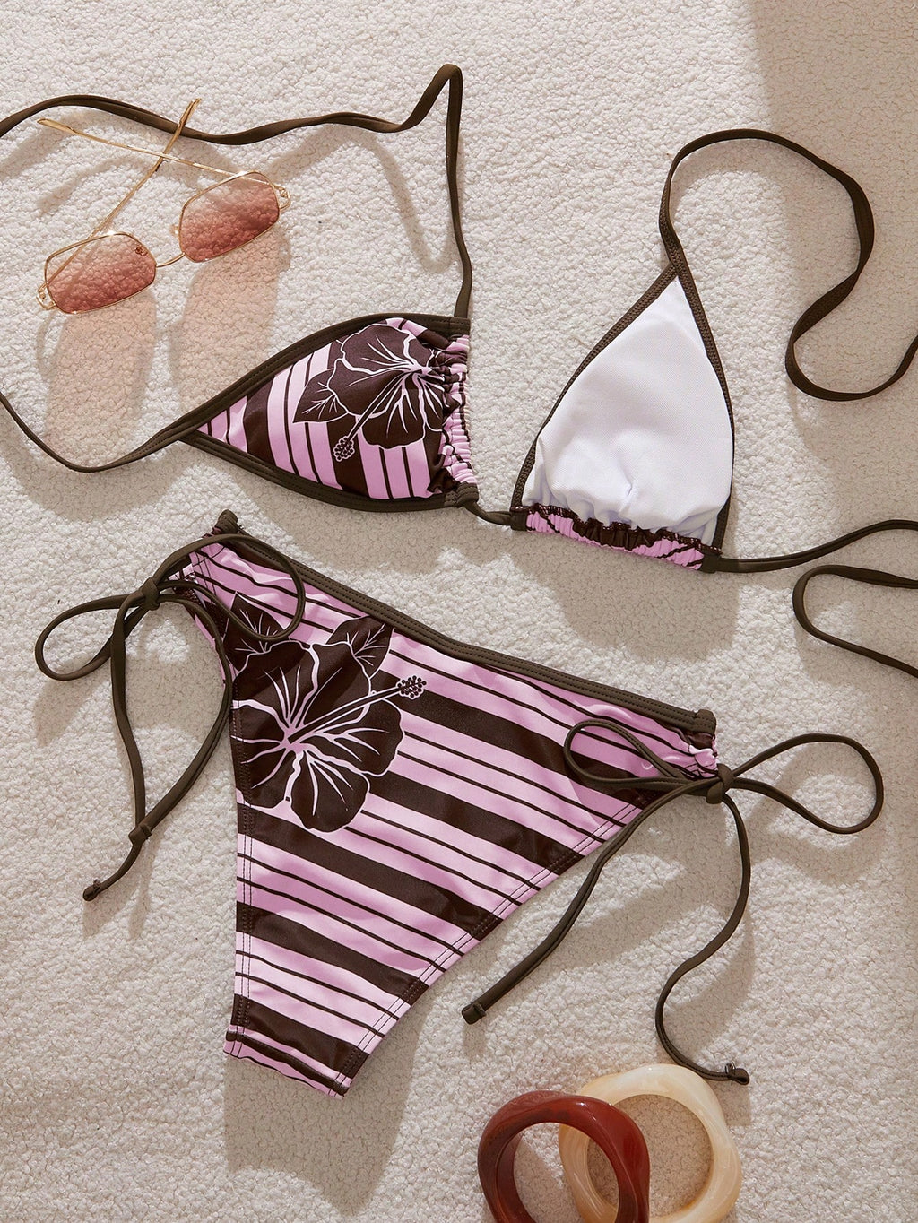 Women's Bikini Swimwear, Retro Striped Cute Hibiscus Print Swimwear